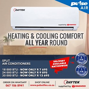 Shop the Daytek by Daewoo high quality range of aircons at Pulse Tiles. Enjoy the best design and function combined together. Any time, any temperature, any room. High Quality, Rapid Heating & Cooling, Energy Efficient & Affordable. Every unit comes with a 5 year compressor warranty and a 1 year comprehensive warranty. Order via WhatsApp: 067 106 8941 Shop online: https://pulsetiles.co.za/site/product-category/air-conditioners/ Shop Instore: Morrison Branch: 42 Morrison St, North Beach, Durban B
