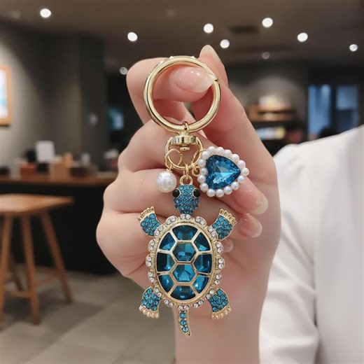 Handmade Ocean Style Turtle Keychain With Pearl Heart Charm - Etsy