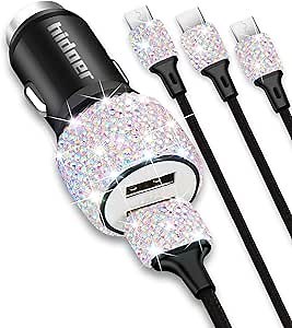 Bling USB Car Charger 5V 2.4A Multicolor Crystal Decor Dual Port Fast Adapter with 4ft Nylon Type C Micro USB 3 in 1 Multi Charging Cable for iPhone iPad Android, Auto Interior Accessories for Women