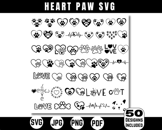 50 heart Paw Svg Png, Dog Cat Paw Print Clipart, Pet Love Cut File, Cricut Silhouette, Animal Lover Design, Instant Download - Etsy