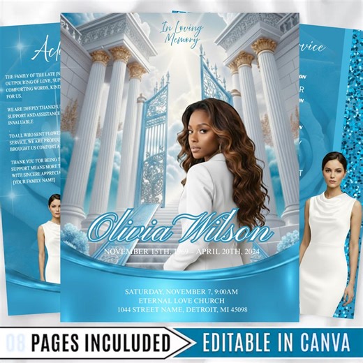 Sky White Roses Funeral Program Canva Template, in the Loving Memory Printable, Elegant 8-page Obituary,pdf Download 17" X 11"digital - Etsy