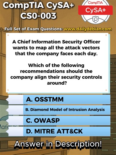 Correct Answer: D. MITRE ATT&CK. MITRE ATT&CK provides a structured knowledge base of adversary tactics, techniques, and procedures across the entire attack lifecycle. It allows organizations to map real world attack vectors to specific techniques and align defensive controls against those behaviors. A CISO aiming to map daily attack vectors and align security controls needs a framework that systematically categorizes how attackers operate, which is exactly what MITRE ATT&CK delivers. Why The Ot