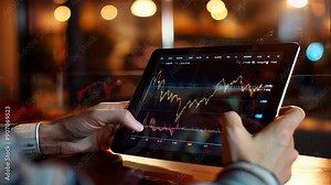 digital tablet displaying a rising stock graph with a golden overlay, held by a businessperson in a modern office setting