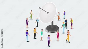 Isometric vector Satellite antenna video. Satellite broadcasting dish flat design. Flat isometric animation with Satellite antenna and isometric people. stock footage
