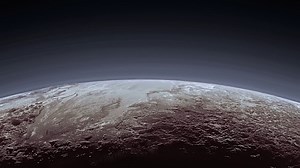 Sunset over the incredible Icy Mountains of the Sputnik Planum on Pluto - NASA's New Horizons - 2015. Colorised Image created using data processed from NASA's New Horizons during its Pluto Encounter 2015-07-14 at 18000km. Credit: Credit: NASA/JHUAPL/SwRI/AndreaLuck More info and material to download here: https://www.flickr.com/photos/192271236@N03/52817887800/ | Planetary Landscapes