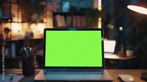 A mockup of a modern computer or laptop green screen on a work desk . An optical zoom that shoots the screen of a computer or laptop