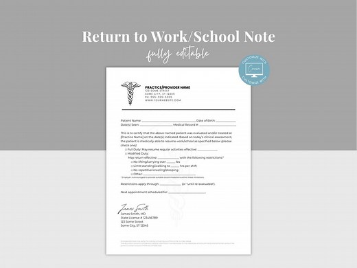 Return to Work/school Doctor's Excuse Note Template, Editable Dr Note for Work & School, Doctor Excuse Letter, Canva Editable - Etsy