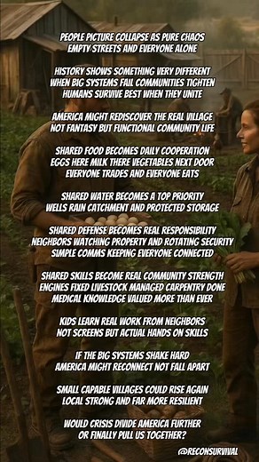 Most people imagine collapse as everyone running in different directions. Empty streets. Violence. Lone wolves fighting for scraps. But history tells a different story. When big systems fail, people do not scatter. They come together. They form smaller, tighter, more capable groups. Not because it feels good, but because it is the only way humans have ever survived hard times. If our modern world ever shakes, America might rediscover something it lost. The village. Not the romantic version. The