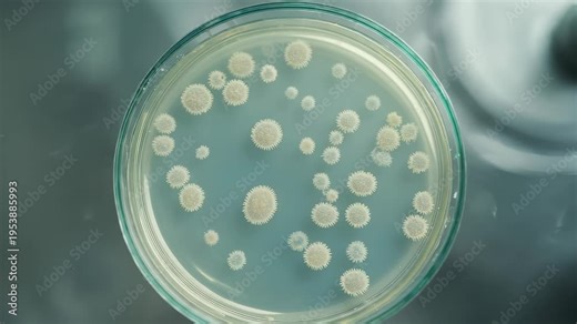 Cells forming colonies inside petri dish while migrating across surface and growing into dense clusters in controlled laboratory environment. Microbiology culture concept