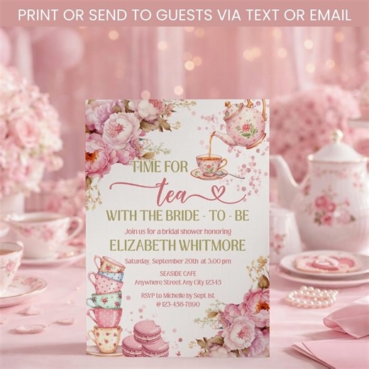 Tea Party Bridal Shower Invitation, Time for Tea, Pink Floral Teapot Invite Digital Download - Etsy