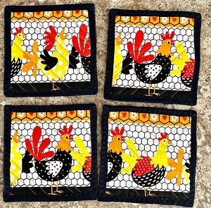 Quilted Chicken Fabric Coasters - Set of 4 Handmade Mug Rugs