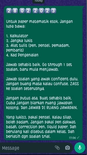 28/2/2023 || SELASA || Esoklah harinya. Jom anak2. Buat lagi latihan. Usaha selagi terdaya. Mana tahu, latihan yang kita buat malam ni, keluar pagi esok. Seronok kan? Jangan putus asa semua! USAHA, DOA, TAWAKAL. #spm2022 #mudahnyamatematik