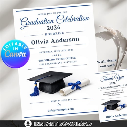 Graduation Party Invitation, Class of 2026 Invite, Royal Blue Graduation Announcement, Self-editable Digital Download, Thank You & Grad Card - Etsy