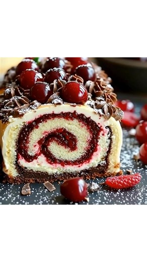 🍒🍫 Black Forest Roll Cake Discover a delicious take on the classic Black Forest cake! Soft chocolate roll cake perfectly wraps around sweet cherry filling and light cream to create a wonderful dessert. ⸻ Ingredients Chocolate Roll Cake • 4 large eggs (at room temperature) • 3/4 cup granulated sugar • 1 cup all-purpose flour • 1/4 cup cocoa powder • 1 teaspoon baking powder • 1/4 teaspoon salt • 1/4 cup milk • 1/4 cup vegetable oil • 1 teaspoon vanilla extract Cherry Filling • 2 cups pitted che