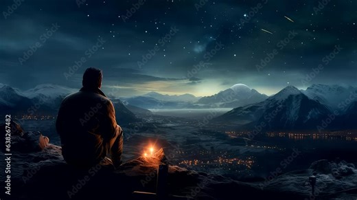 man sit on top of mountain to see falling star at night, with bonfire