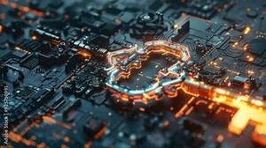 The Digital Brain: A mesmerizing abstract image depicting a glowing brain embedded within a complex circuit board, symbolizing the intricate connections and processing power of artificial intelligence