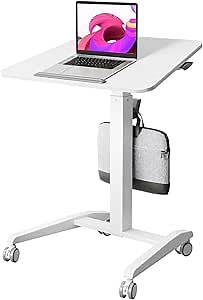 Mobile Standing Desk with 90° Tiltable Desktop, Portable Rolling Sit Stand Table, Foldable Podium on Wheels, Height Adjustable Laptop Workstation for Home Office, White
