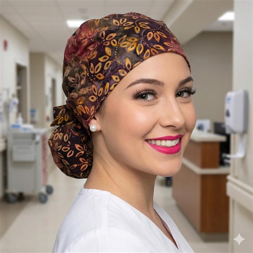 Small Size, Batik Satin Lined Ponytail Scrub Hat: Satin-Lined Nurse Cap Protect Hair with Full Satin Lining, Surgical/Doctor Hat