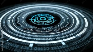 Circular data interface featuring binary code and schematic graphics, creating a futuristic and technical impression