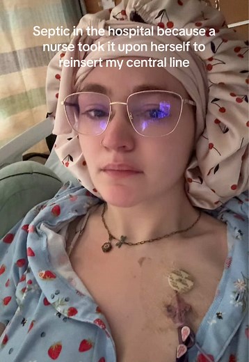 It slid out about 1/2 inch a week prior and had already been secured with a stat lock when she got to it. She fully reinserted it without asking or saying anything about it. Now, I'm sick in the hospital. Nurses, if you don't know.... please ask before touching someone's medical device. We might just be a room number to you but this is our lifeline you're messing with #sepsis #hospital #centralline #nurse #chronicillness