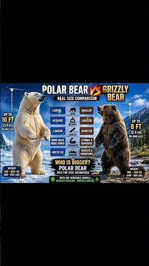 Polar Bear vs Grizzly Bear | Real Size Comparison #respectanimals #wildlife #animals #bear