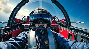 In the virtual cockpit of a fighter jet, a gamer wearing VR goggles engages in an intense dogfight with enemy aircraft