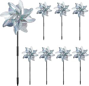21 Inches Silver Reflective Pinwheels with Stakes, Foil Pin Wheels Windmill Wind Spinners Outdoor Garden Lawn Yard Decor Scare Birds Away Garden Pinwheels 8 Packs