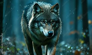 A wolf walks through a misty forest, showcasing its intense gaze and natural beauty.