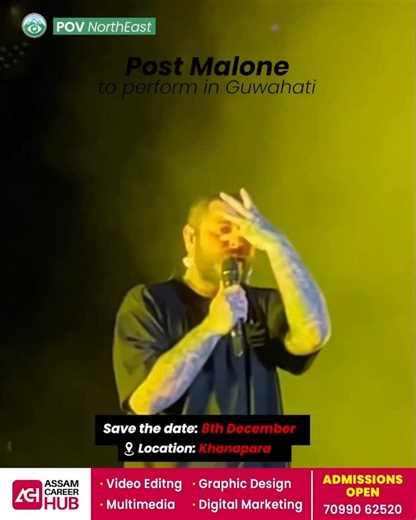 POV Northeast on Instagram: "🎤 POST MALONE LIVE IN GUWAHATI | December 8, 2025 International hip-hop sensation Post Malone is set to perform in Guwahati on December 8th, 2025. This marks a historic moment for music lovers in Northeast India. Save the date for what promises to be one of the biggest concerts of the year! 📅 Date: December 8, 2025 📍 Location: Guwahati, Assam 🎵 Artist: Post Malone. #PostMalone #PostMaloneIndia #PostMaloneGuwahati #GuwahatiConcert #GuwahatiEvents #AssamNews #North