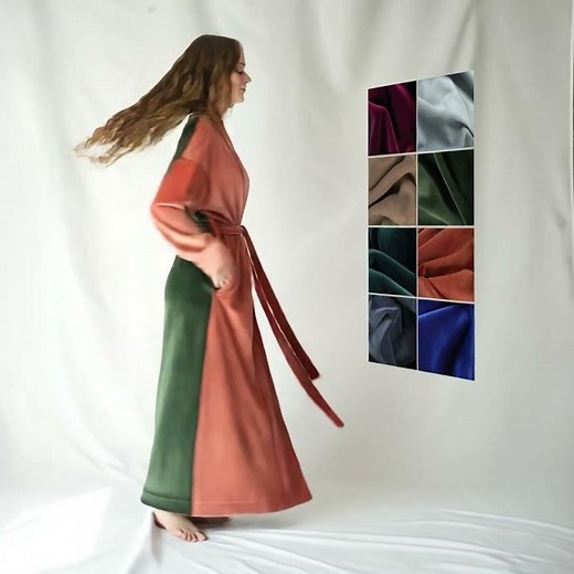 COTTON 100% Floor Length Dressing Gown / Green Long Velvet Robe / Handmade maxi Bathrobe