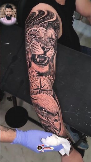 Realistic arm sleeve tattoo👍Lion and clock with eagle arm sleeve tattoo #realistictattoo #tattoo