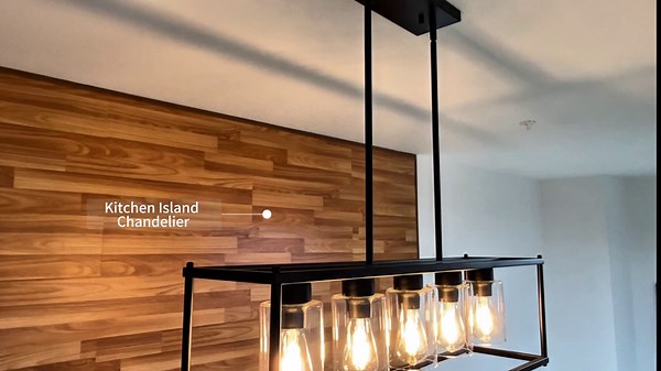 Black Dining Room Light Fixture, 5-Lights Modern Rectangular Chandelier with Clear Glass Shades, Farmhouse Linear Island Lights for Kitchen Pool Table Bar, L35.4