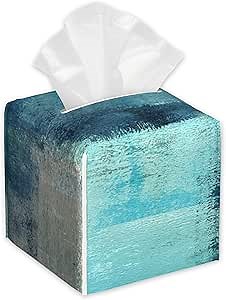 Abstract Turquoise Grey Art Tissue Box Cover,PU Leather Tissue Box Holder Square,Modern Home Decoration for Bathroom Living Room Kitchen Office Car,5.2"×5.2"×5.2"