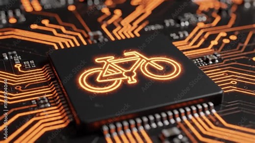 Glowing Bicycle Icon Integrated into a Detailed Circuit Board Design, Representing Cycling Technology and Innovation