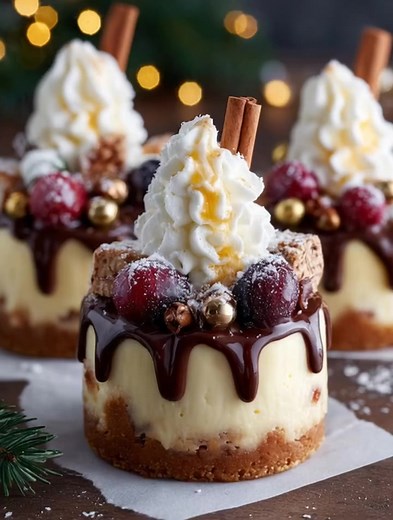 Mini Christmas Tree Cheesecake Bites Festive no-bake cheesecakes topped with whipped cream “trees,” cranberries, and chocolate drizzle. Yield: 6 mini cakes | Chill Time: 4 hrs | Temp: No bake Key Ingredients First: Cream cheese (room temp) Heavy whipping cream Dark chocolate Graham cracker crumbs | Recipes by Jennifer