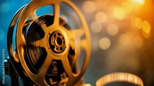 Vintage film reel spins in warm light, showcasing cinematic history and nostalgia from classic filmmaking moments