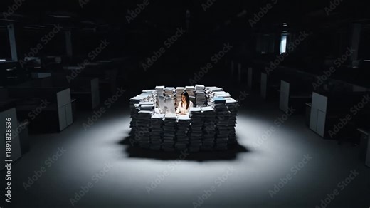 A woman works at a computer in a dark office surrounded by high stacks of documents. This image represents extreme workload, deadline stress, and corporate pressure. Ideal for business articles.