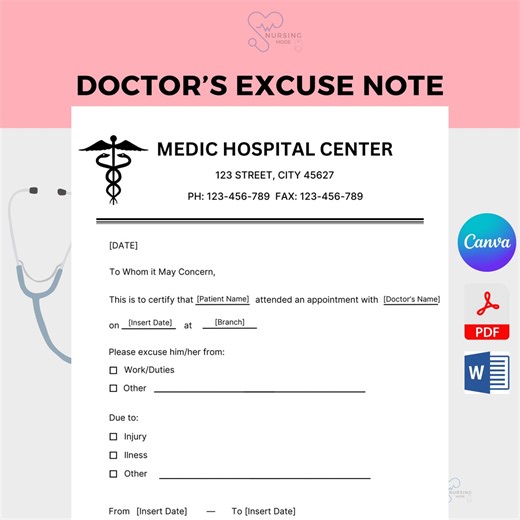 Editable Doctor's Excuse Note Template: Canva, MS Word, PDF (instant Download) - Etsy