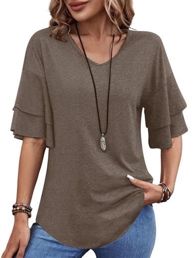 UVN Blouses for Women V Neck Half Bell Sleeve Shirts Summer Ladies Casual Flowy Tunic Tops