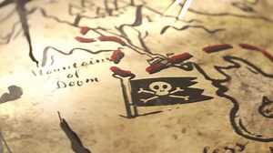 Funny hand-drawn ancient map with animated drawings. Treasure chest full of gold