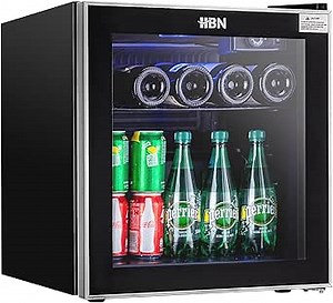 HBN Mini Beverage Refrigerator - 1.6Cu Ft/ 60 Can Beverage Cooler with Glass Door & Adjustable Shelves for Soda, Beer, Wine - Freestanding Beverage Fridge for Home, Bar, Office
