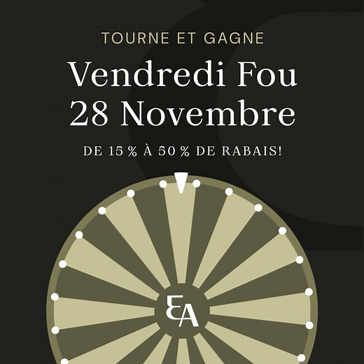 🎡DE 15 À 50 % DE RABAIS… C’EST FOU !!!🎡 Cette année encore, le Vendredi Fou c'est chez Eugène Allard… et oui : 🎉 La roue chanceuse est de retour ! 🗓 Vendredi 28 novembre En magasin ou en ligne, tourne la roue et obtiens 15 à 50 % de rabais (sauf sur les machines à café et le Fondussimo) 🎡Tourne… et découvre TON RABAIS MYSTÈRE ! ✨ Petit scoop : la roue sera en ligne dès 20 h le jeudi 27 novembre. Magasine dans le confort de ton salon : prépare ton panier et profite-en dès qu’elle s’active ! 