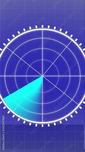 Stylized blue radar screen with concentric circles and sweeping cyan beam on a grid background