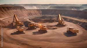 Large mining excavators working in an open-pit mine, creating a dramatic industrial landscape.