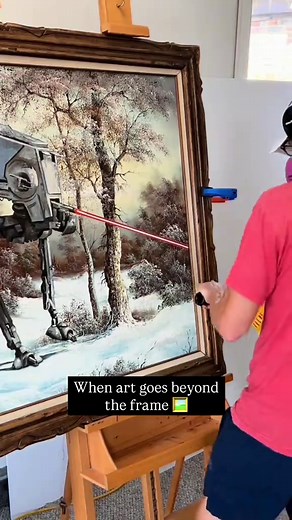 Dave Pollot is a New York–based artist known for transforming forgotten thrift store paintings into witty pop-culture mashups. By carefully painting into existing artworks without disturbing their original style, he reimagines classical landscapes and still lifes with unexpected modern references. Through this process, Pollot bridges traditional art and contemporary nostalgia, proving that even unwanted pieces can be given new meaning, humor, and relevance in today’s world. Artist: @Dave Pollot 