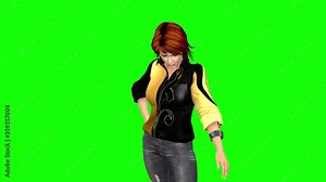 4k 3d animation of a young redhead avatar woman who is waiting for somebody and seems unhappy until she spots someone she is meeting.