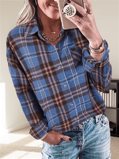 Women's Soft Flannel Plaid Shirt Long Sleeve Button Down Collared Cozy Casual Top, Oversized Loose Fit For All Body Types, Petite-Friendly For A Taller Look, Perfect For Daily Wear, Home, Work & Fall Winter Layering, Flannel Shirt Top, Christmas & New Year Gift ,Blusas De Mujer Blusas Elegantes Para Mujer Camisas Manga De Para Mujer Larga | SHEIN