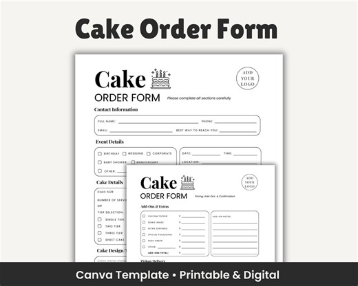 Editable Cake Order Form Template, Custom Cake Planner for Bakers, Bakery Business Printable Order Sheet, Canva Template - Etsy