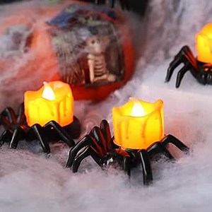 YBB 12 Pcs Halloween Spider Tea Lights, Novelty LED Flameless Spider Candle Holder Battery Operated Orange Tea Lamps for Halloween Party Table Home Spooky Decor