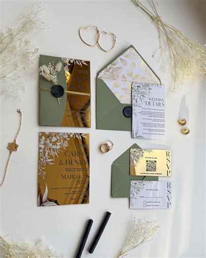 Gold Acrylic Wedding Invitation Suite : Elegant Botanical Design With RSVP, Details Card & Sage Green Envelopes - Etsy